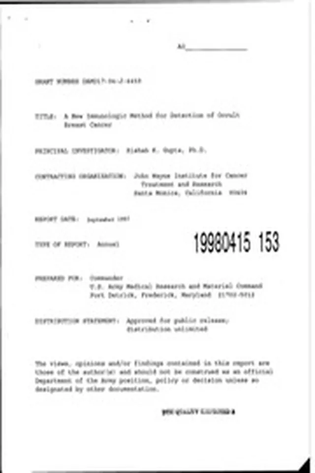 DTIC ADA341305: A New Immunologic Method for Detection of Occult Breast Cancer
