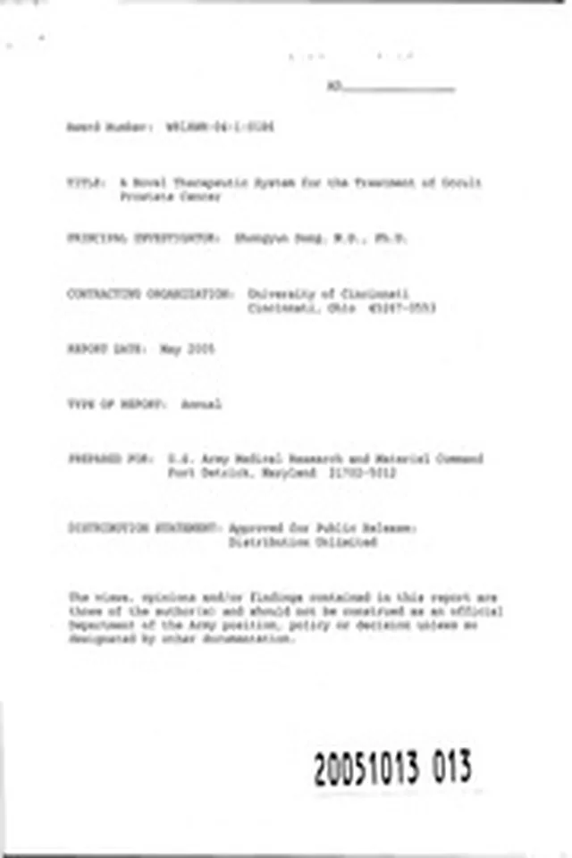 DTIC ADA438273: A Novel Therapeutic System for the Treatment of Occult Prostate Cancer