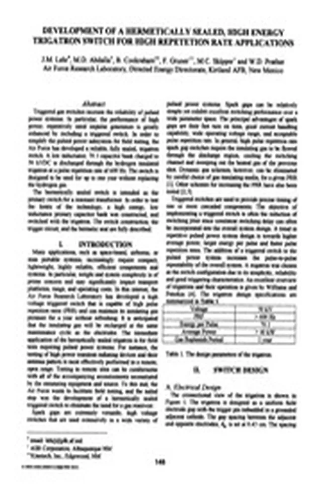 DTIC ADA611486: Development of a Hermetically Sealed, High Energy Trigatron Switch for High Repetition Rate Applications