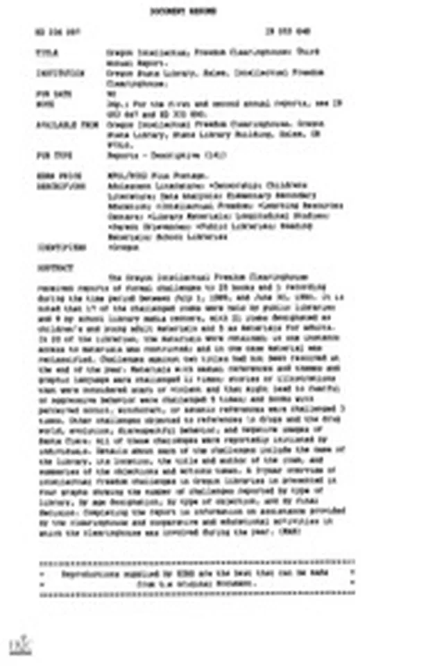 ERIC ED336097: Oregon Intellectual Freedom Clearinghouse: Third Annual Report.