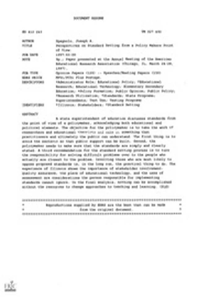 ERIC ED412243: Perspectives on Standard Setting from a Policy Makers Point of View.