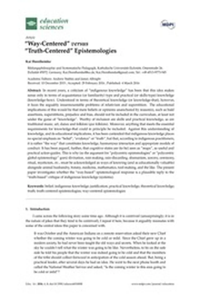 ERIC EJ1116873: "Way-Centered" versus "Truth-Centered" Epistemologies