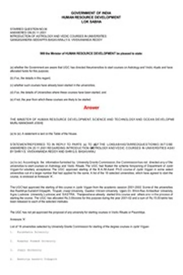 INTRODUCTION OF ASTROLOGY AND VEDIC COURSES IN UNIVERSITIES (20-Nov-2001)