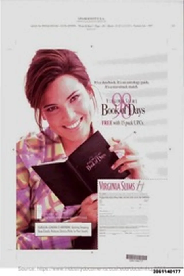 IT'S A DATEBOOK. IT'S AN ASTROLOGY GUIDE. IT'S A STAR-STRUCK MATCH. VIRGINIA SLIMS BOOK OF DAYS FREE WITH 15 PACK UPCS.