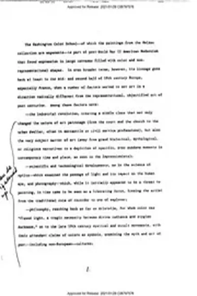 CIA Reading Room 06797576: THE WASHINGTON COLOR SCHOOL- -OF WHICH THE PAITNINGS FROM THE MELZAC COLLECTION ARE EXPONENTS IS PART OF POST-WORLD WAR II AMERICAN MODERNISM