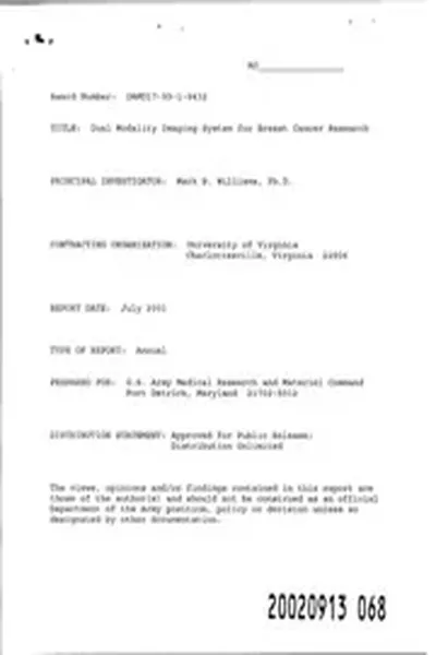 DTIC ADA405549: Dual Modality Imaging System for Breast Cancer Research