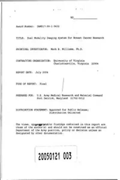 DTIC ADA429091: Dual Modality Imaging System for Breast Cancer Research