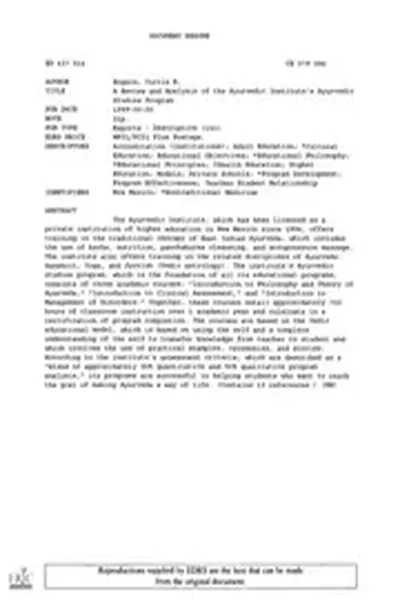 ERIC ED437514: A Review and Analysis of the Ayurvedic Institute's Ayurvedic Studies Program.