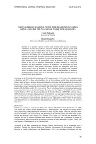 ERIC EJ909038: Cultural Beliefs regarding People with Disabilities in Namibia: Implications for the Inclusion of People with Disabilities