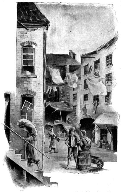 {Drawing of city street and buildings.}