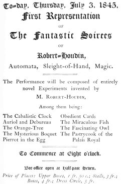 Programme for the opening of Robert-Houdin’s theatre in Paris. Reproduced from the American edition of his “Memoirs."
