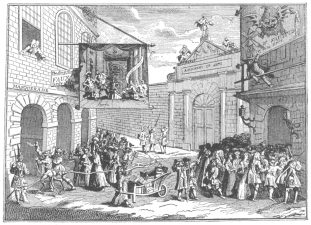 Masquerade and opera at Burlington Gate. Reproduction of Hogarth’s engraving entitled “Taste,” belittling the artistic taste of London. This caricature verifies the Fawkes advertisement, reproduced on page 64, for here the conjurer is pictured leaning from the window of the “long room” and calling attention to his performances. From the Harry Houdini Collection.