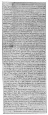 Haddock advertisement in the London Telegraph, January, 1796, in which he features the writing automaton as an androide. From the Harry Houdini Collection.