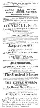 A Gyngell programme of 1823, advertising “A Confectioner’s Shop,” whose attendant will serve automatically any sort of confectionery demanded. From the Harry Houdini Collection.