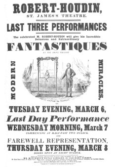 Copy of a poster used by Robert-Houdin to advertise his trapeze performer. This proves how accurately he duplicated the Pinetti figure, even to the arrangement of floral garlands. From the Harry Houdini Collection.