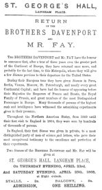 Announcement used by the Davenport Brothers on their return to London, England, after their tour of the Continent in April, 1868. From the Harry Houdini Collection.