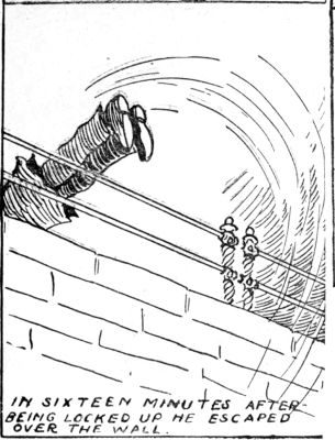 IN SIXTEEN MINUTES AFTER BEING LOCKED UP HE ESCAPED OVER THE WALL.