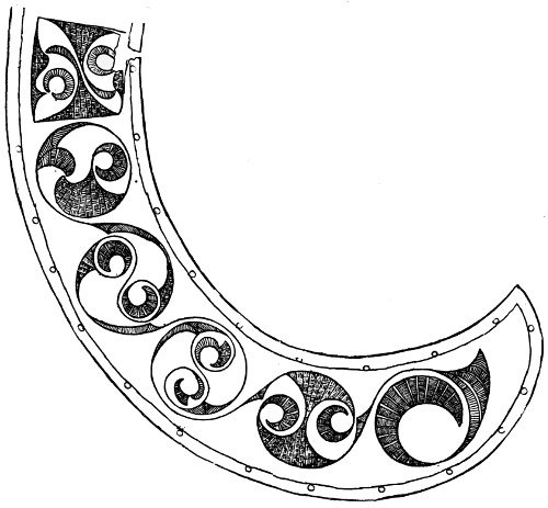 Fig. 105.—Half of the Crescentic Collar-like Plate of Bronze found with the Mirror at Balmaclellan.