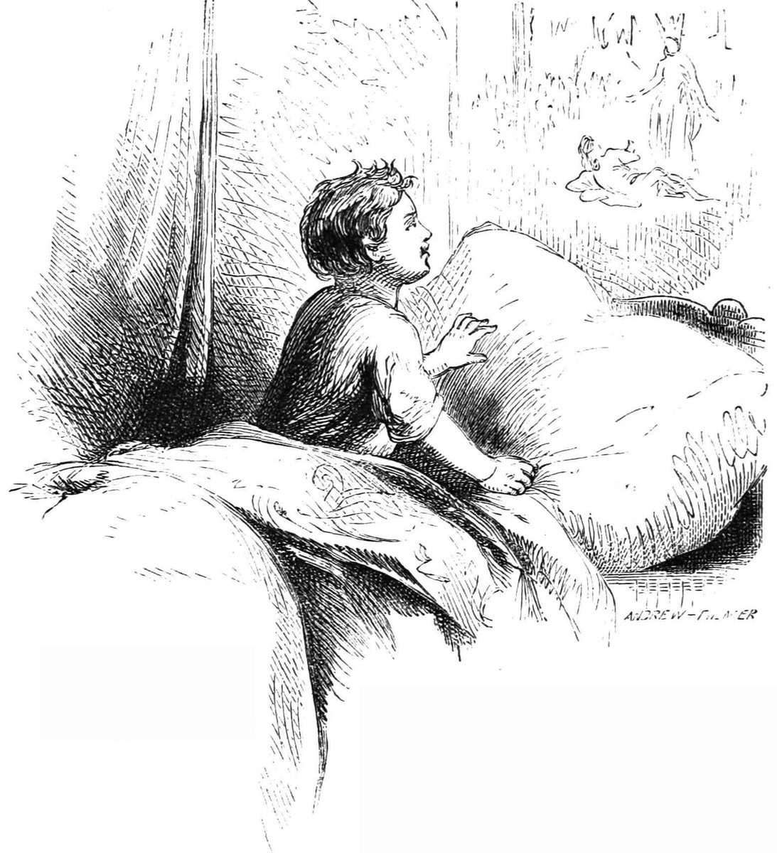 Little Claude in bed looking at his window