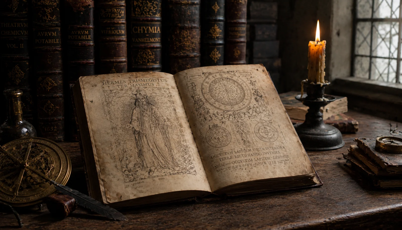 Hermetic alchemy manuscript with Hermes Trismegistus, brass astrolabe and candle