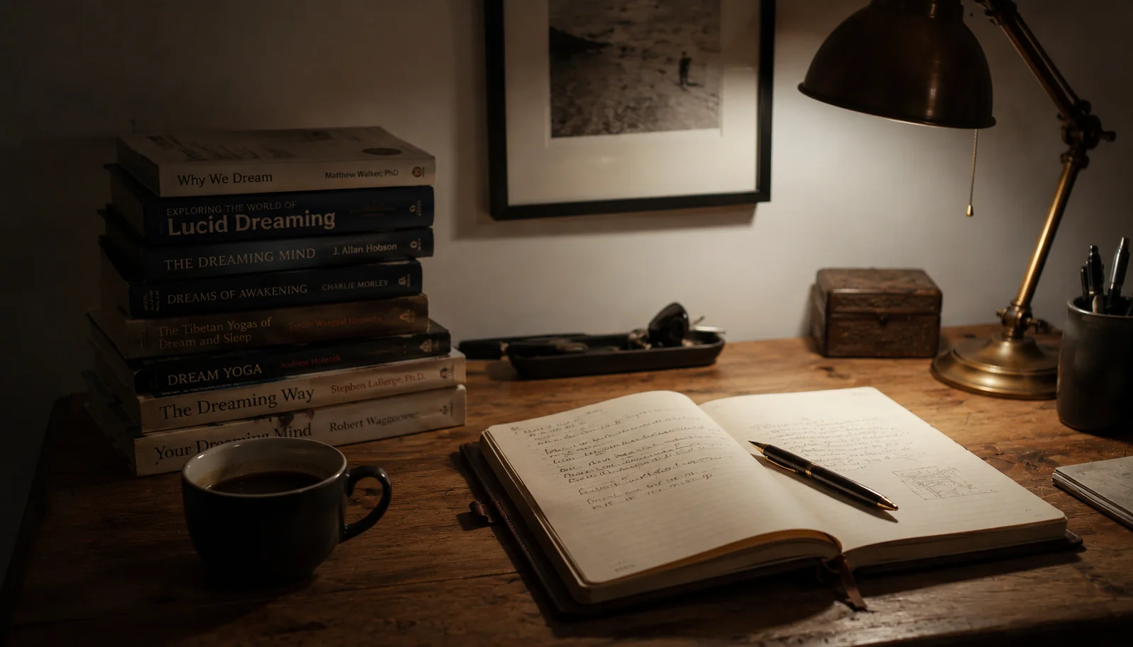 Modern study desk with stack of lucid dreaming books, open dream journal and brass lamp