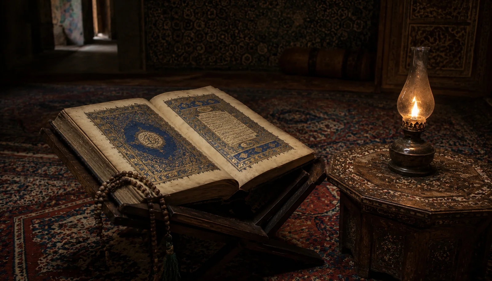 Illuminated Quran manuscript with tasbih beads and oil lamp on Ottoman carpet
