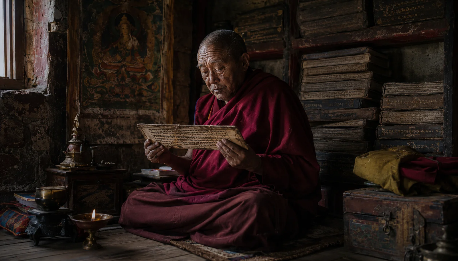 Tibetan Buddhist monk reading palm-leaf manuscript in monastery library